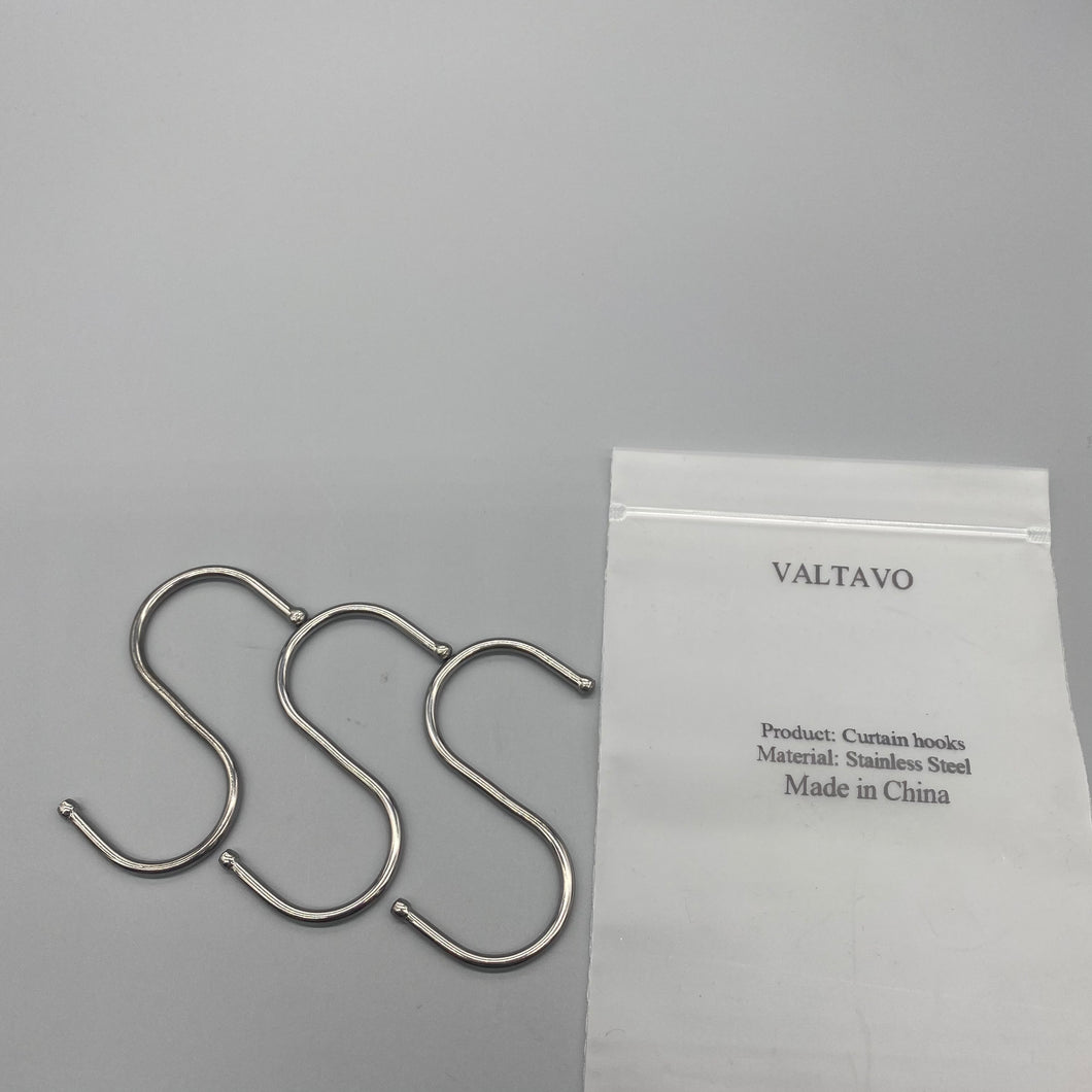 VALTAVO Curtain hooks,Shower Curtain Hooks，Set of 3 Rings，Rust Resistant S Shaped Hooks Hangers for Shower Curtains, Kitchen Utensils, Clothing, Towels, etc.