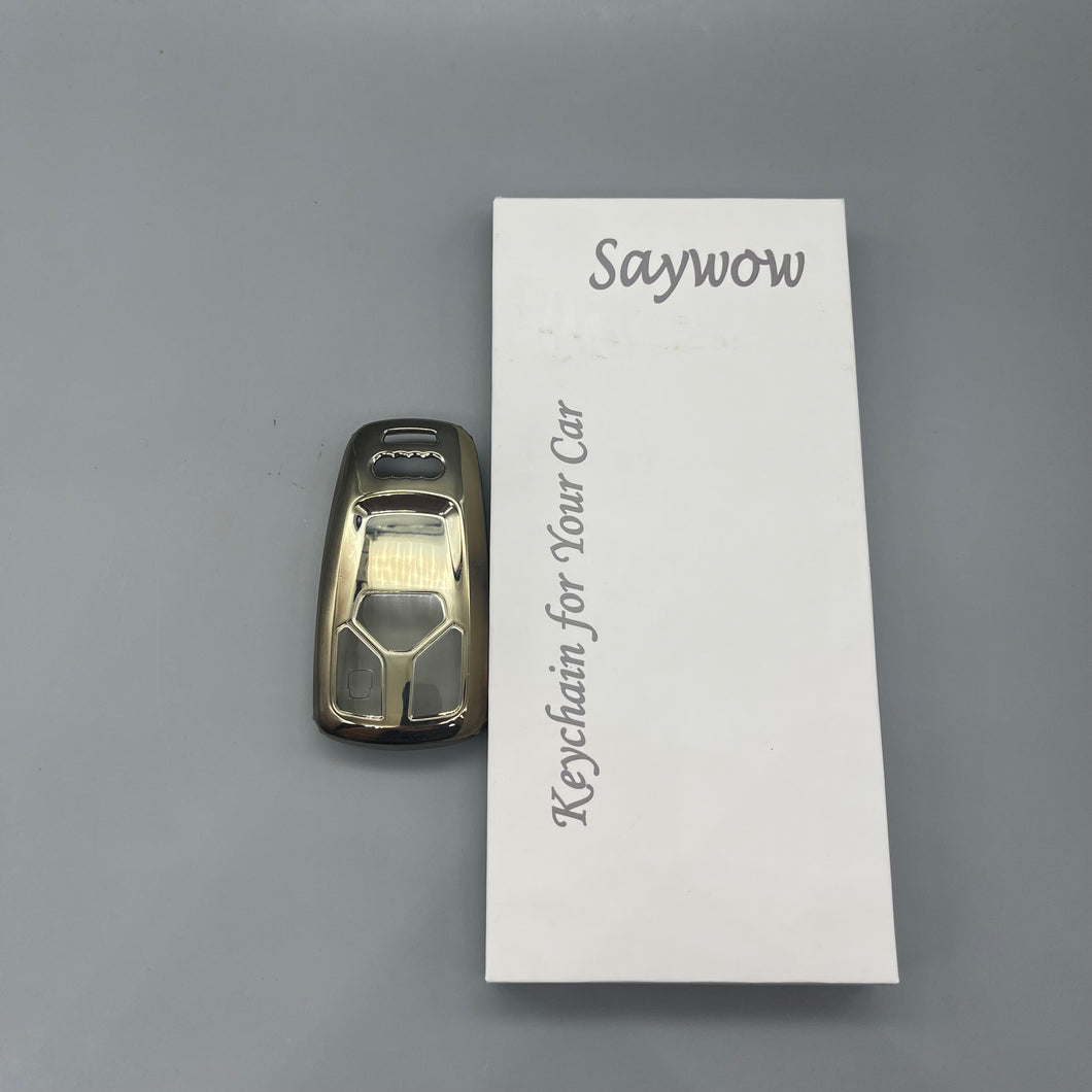 Saywow Keychain for Your car,For Audi key fob cover, 3 buttons, smart remote key protective case support,bright gold.