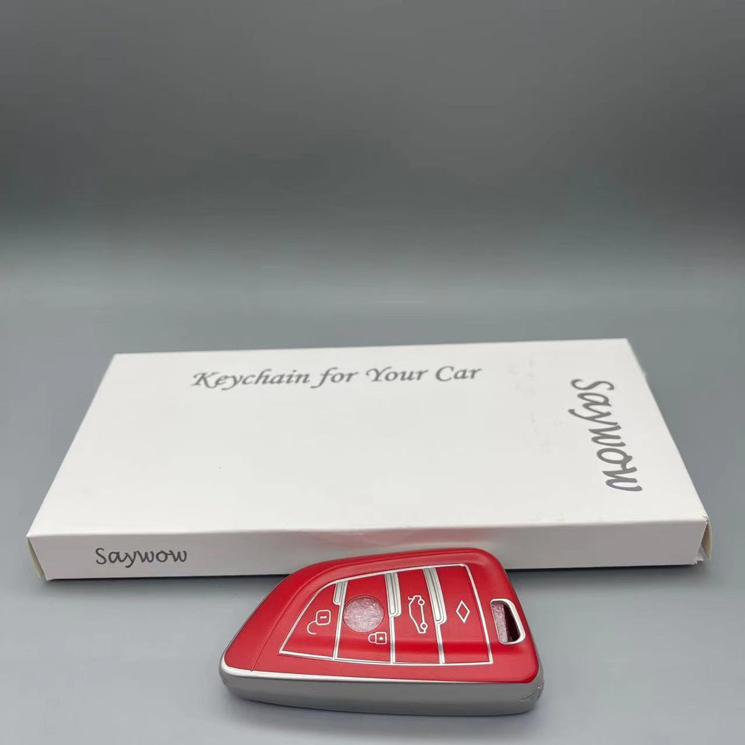 Saywow Keychain for Your car,The BMW trapezoidal key of the automobile smart key cover bracket is compatible - 3 buttons - please carefully check your key configuration and shape (red)