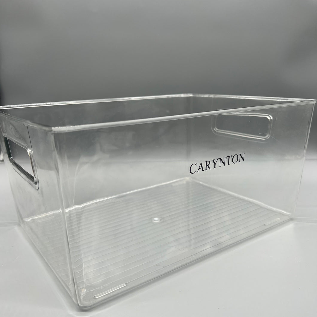 CARYNTON Plastic storage containers for household or domestic use,Clear Plastic Storage Organizer Container Bins with Cutout Handles, Transparent Set of 4, BPA Free, Cabinet Storage Bins for Kitchen Food Pantry Refrigerator Bathroom, 11” x 8” x 6”